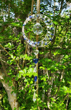 Load image into Gallery viewer, Lapis Lazuli Suncatcher, Blue Crystal Suncatcher, Boho Crystal Garden Hanging, Meditation Decor, Raw Gemstone Ornament, Heart and Moon