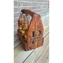 Load image into Gallery viewer, Wooden Engraved BOTTLE CARRIER with Opener Personalized