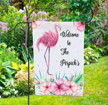 Load image into Gallery viewer, Welcome Personalized Flamingo Hibiscus Garden Flag