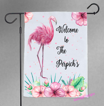 Load image into Gallery viewer, Welcome Personalized Flamingo Hibiscus Garden Flag