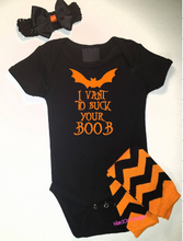 Load image into Gallery viewer, I VANT TO SUCK YOUR BOOB Bat Halloween Onesie Headband Leggings