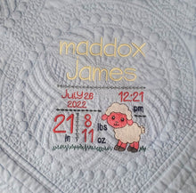 Load image into Gallery viewer, Personalized Heirloom Lamb Baby Quilt with Birth Stats