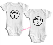 Load image into Gallery viewer, Dr Seuss Twin 1 & Twin 2 ~ Twin Baby Onesies