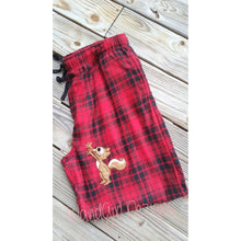 Load image into Gallery viewer, Mens Squirrel Pajama Pants Lounge Pants Red & Black Plaid, Gag Gift, Bachelor Party, Father's Day, Men's Gift, reaching for nuts
