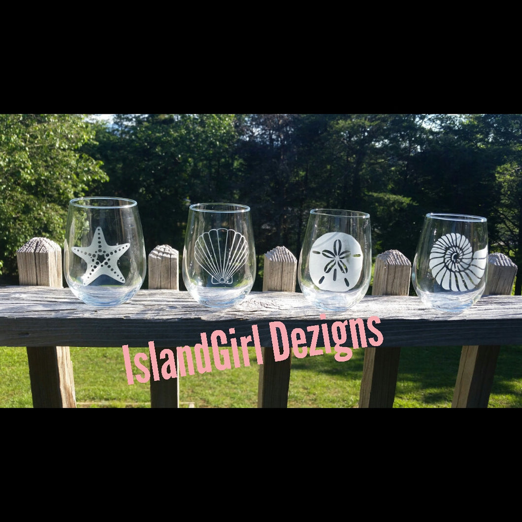 Set of 4 Personalized, Etched Shell Glasses with Name or Monogram