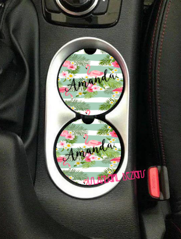 Personalized Tropical Flamingo Sandstone Car Coasters