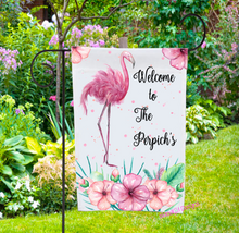 Load image into Gallery viewer, Welcome Personalized Flamingo Hibiscus Garden Flag
