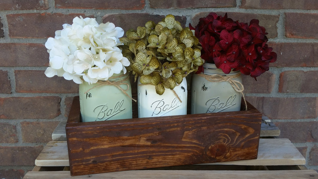 Painted Mason Jar Table Centerpiece - 3 Quart w/ Wooden Rustic Upcycled Planter Box
