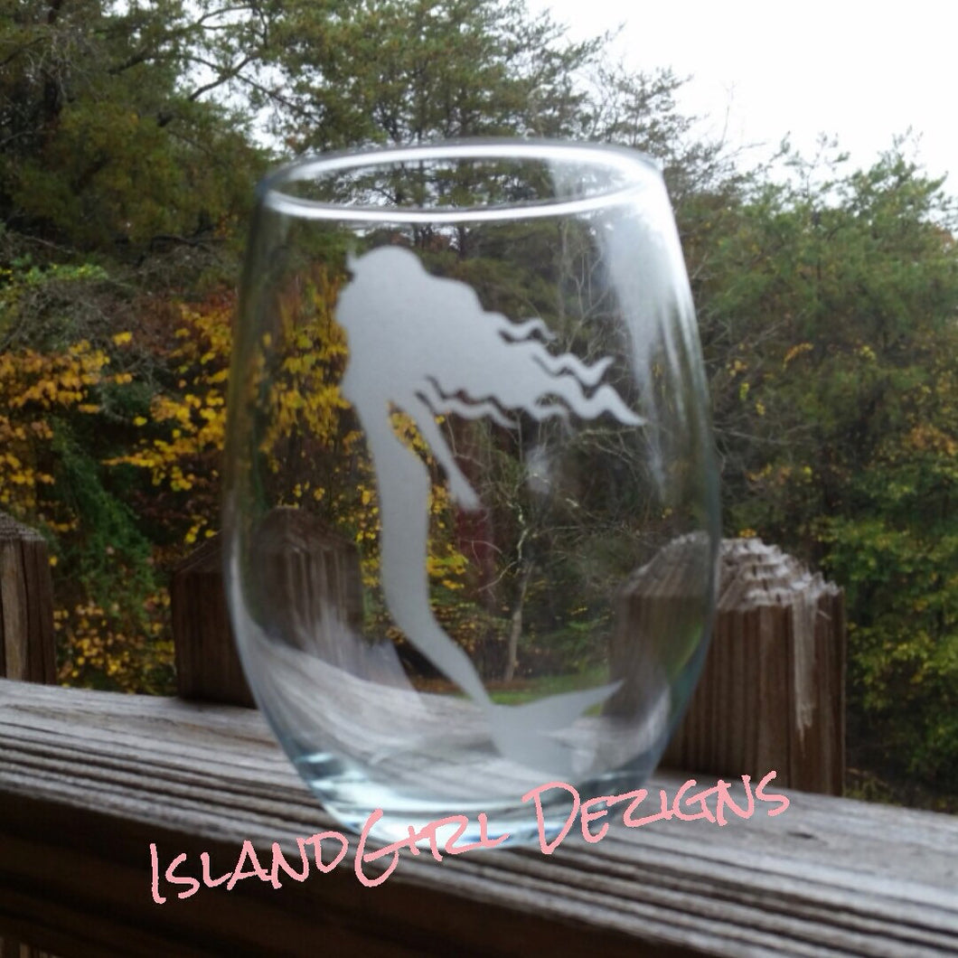 Hand Etched Mermaid wine glass.  nautical beach glassware wedding custom glass sea lover