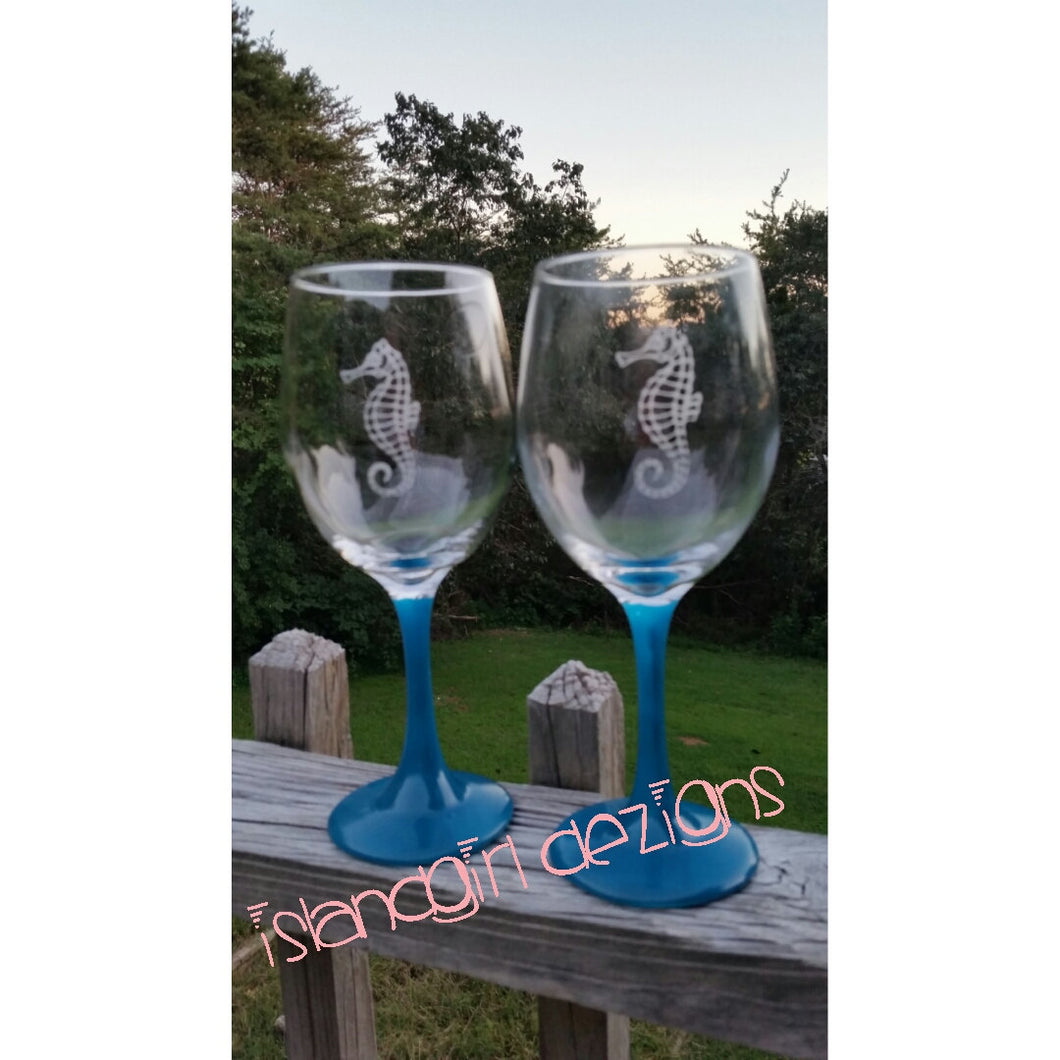 Hand Painted & Etched Seahorse Wine Glasses with Aqua Sea Glass colored Stem
