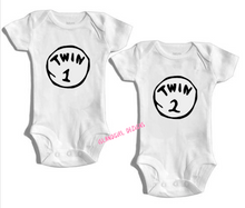 Load image into Gallery viewer, Dr Seuss Twin 1 &amp; Twin 2 ~ Twin Baby Onesies
