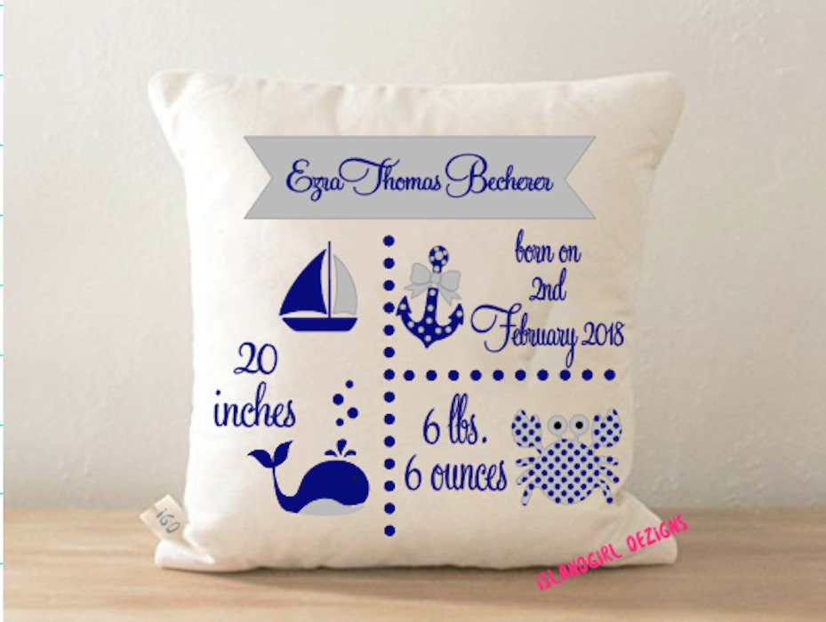 Personalized Baby Stats Nautical Pillow Cover~ 14 x 14, cushion cover, throw pillow, cushion, Pillow Case, Personalized Bedding For Boy Girl