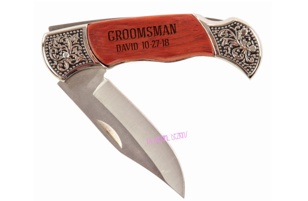 Laser Engraved Personalized Rosewood Knife, Pocket Knife, Best Man Gift, Groomsmen Gift, His Gift, Usher Gift, Father of the Bride, Dad