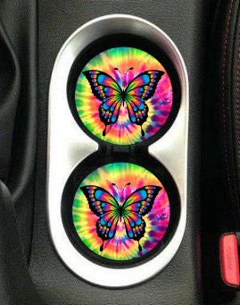Tie Dye Butterfly Sandstone Car Coasters, Hippie, Psychedelic, Boho, Dead Head, Peace, Love