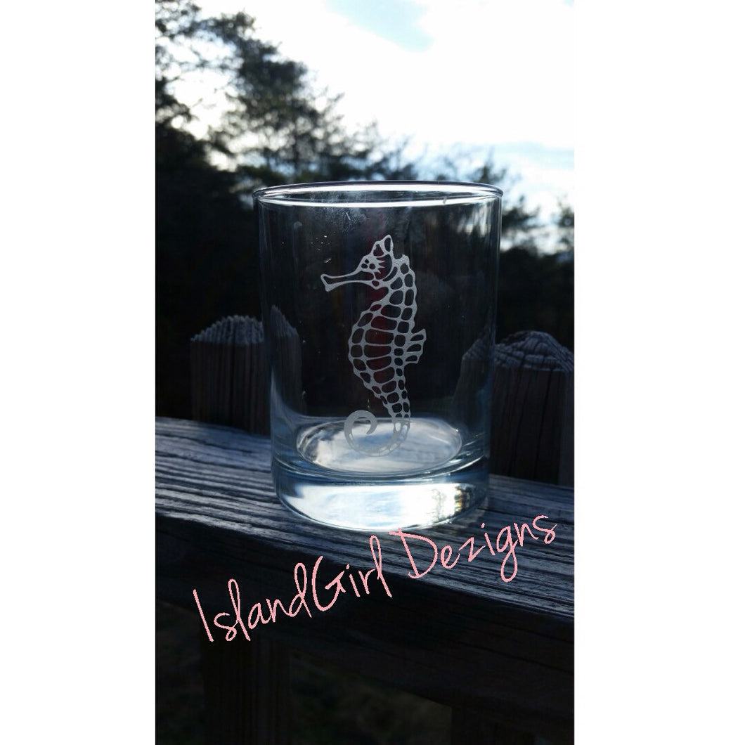 Hand Etched Seahorse rock glass- Set of 2.  nautical beach glassware wedding custom glass sea lover