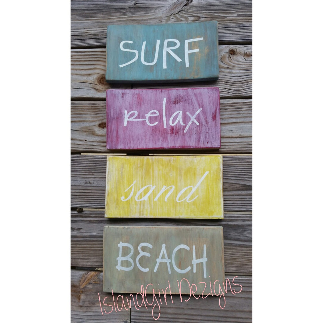 Surf, Relax, Sand, Beach Distressed Set of 4 Wooden Signs